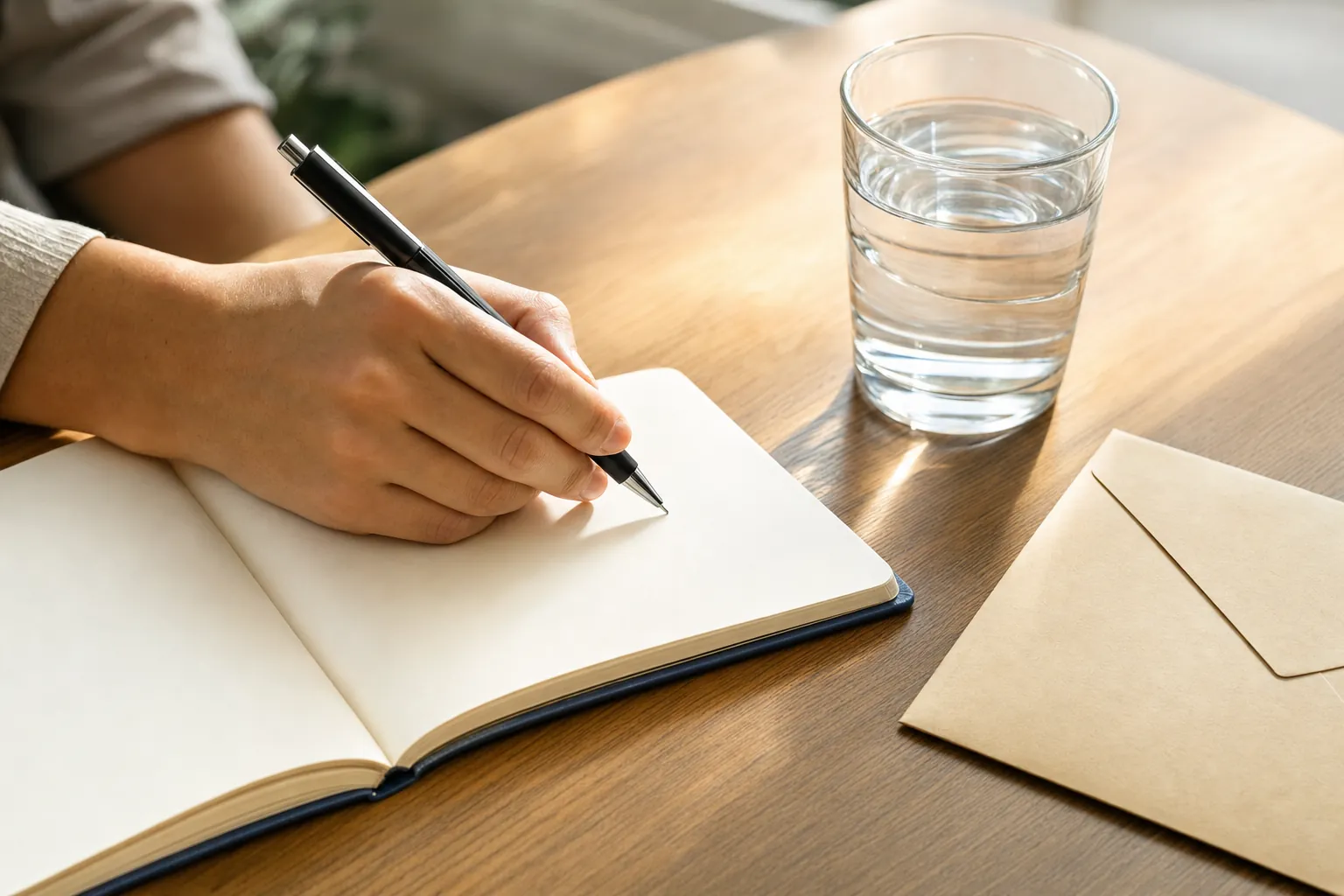 A person writing notes in a blank notebook beside a glass of water.