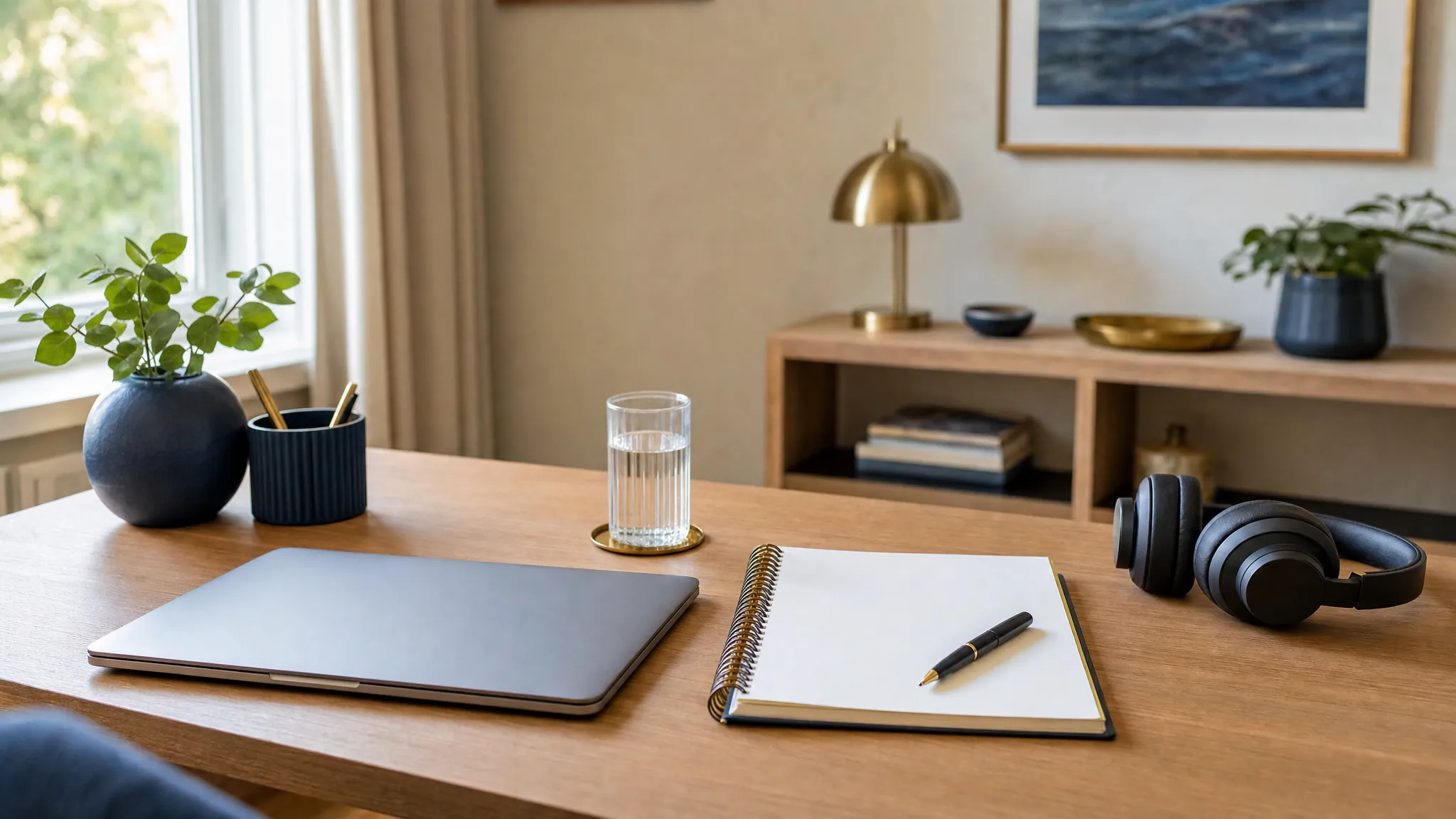 A private home desk set up with a notebook, headphones, water, and a closed laptop.