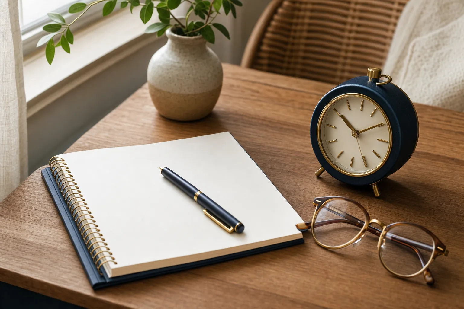A blank notebook, pen, clock, and reading glasses on a wooden table.