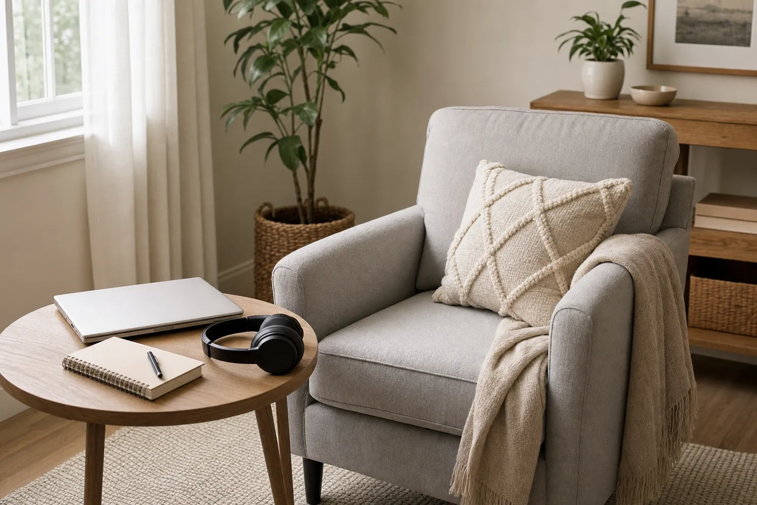 A quiet home chair with a notebook, headphones, and closed laptop prepared for a private video appointment.