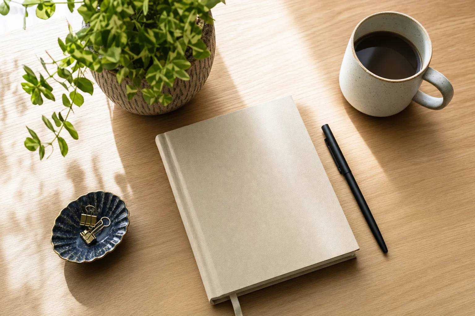 A notebook, pen, mug, and leafy plant on a sunlit desk.