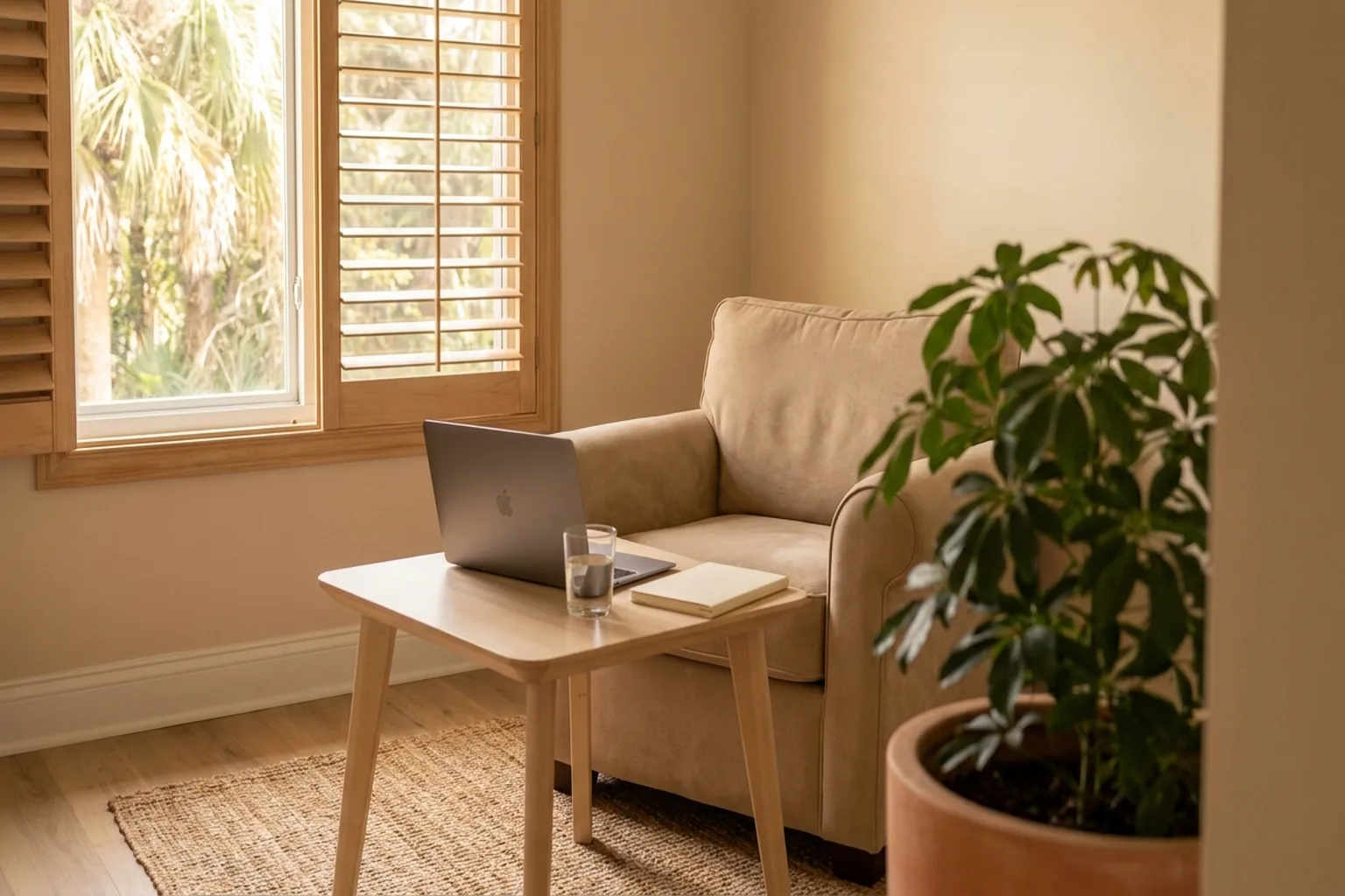 A quiet, private corner of a Florida home arranged for a video appointment, with an armchair, a closed laptop and a plant in warm daylight