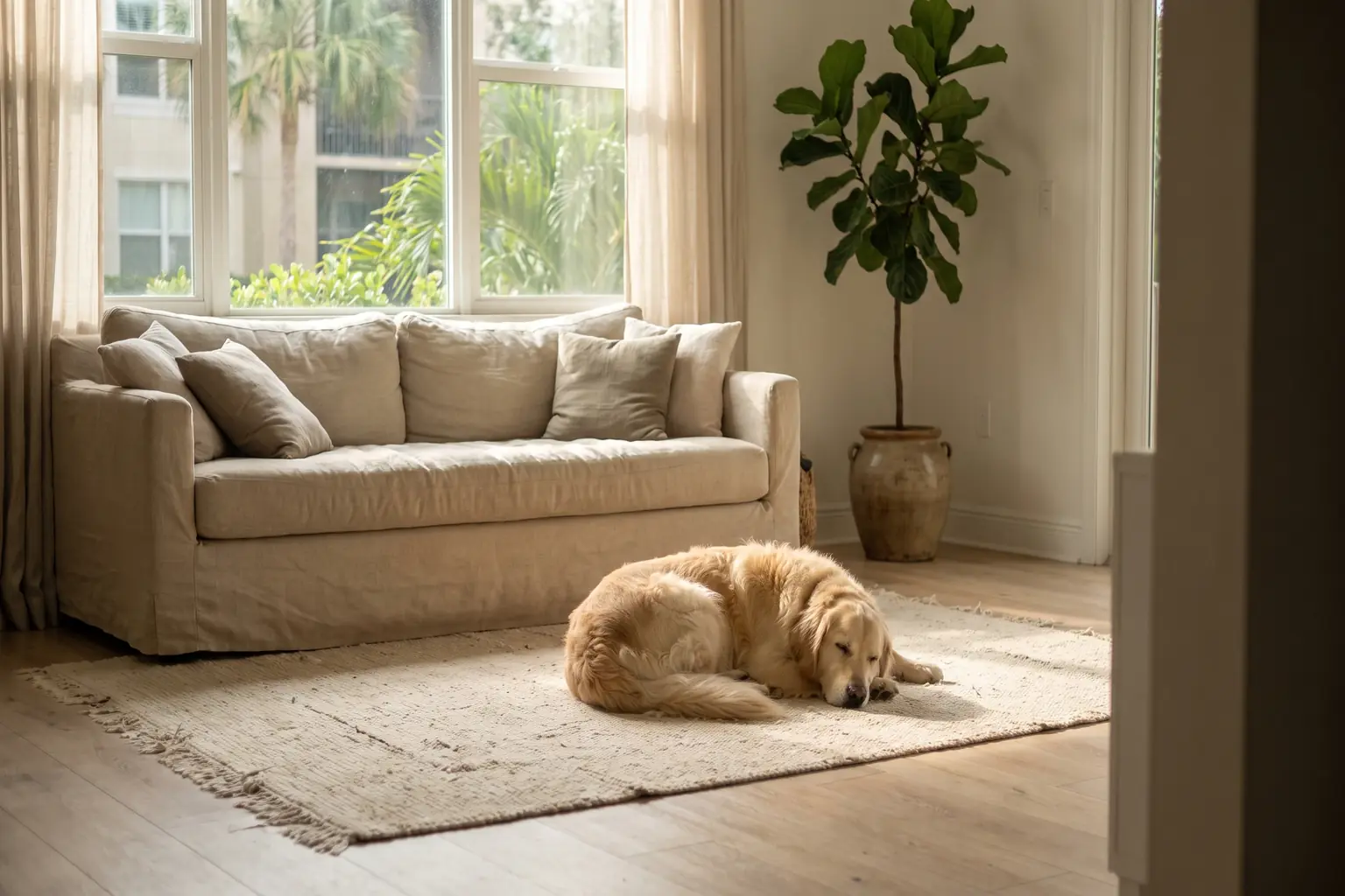A dog asleep on a rug in a calm sunlit Florida apartment living room