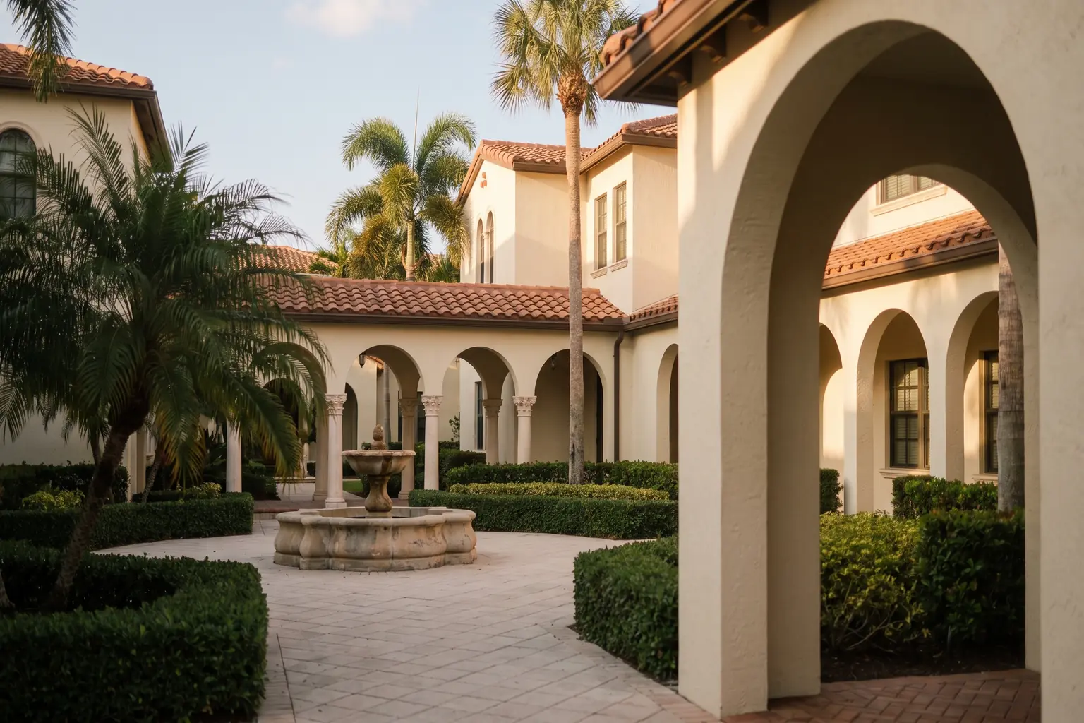 A quiet Mediterranean-style residential courtyard in Boca Raton in warm late afternoon light