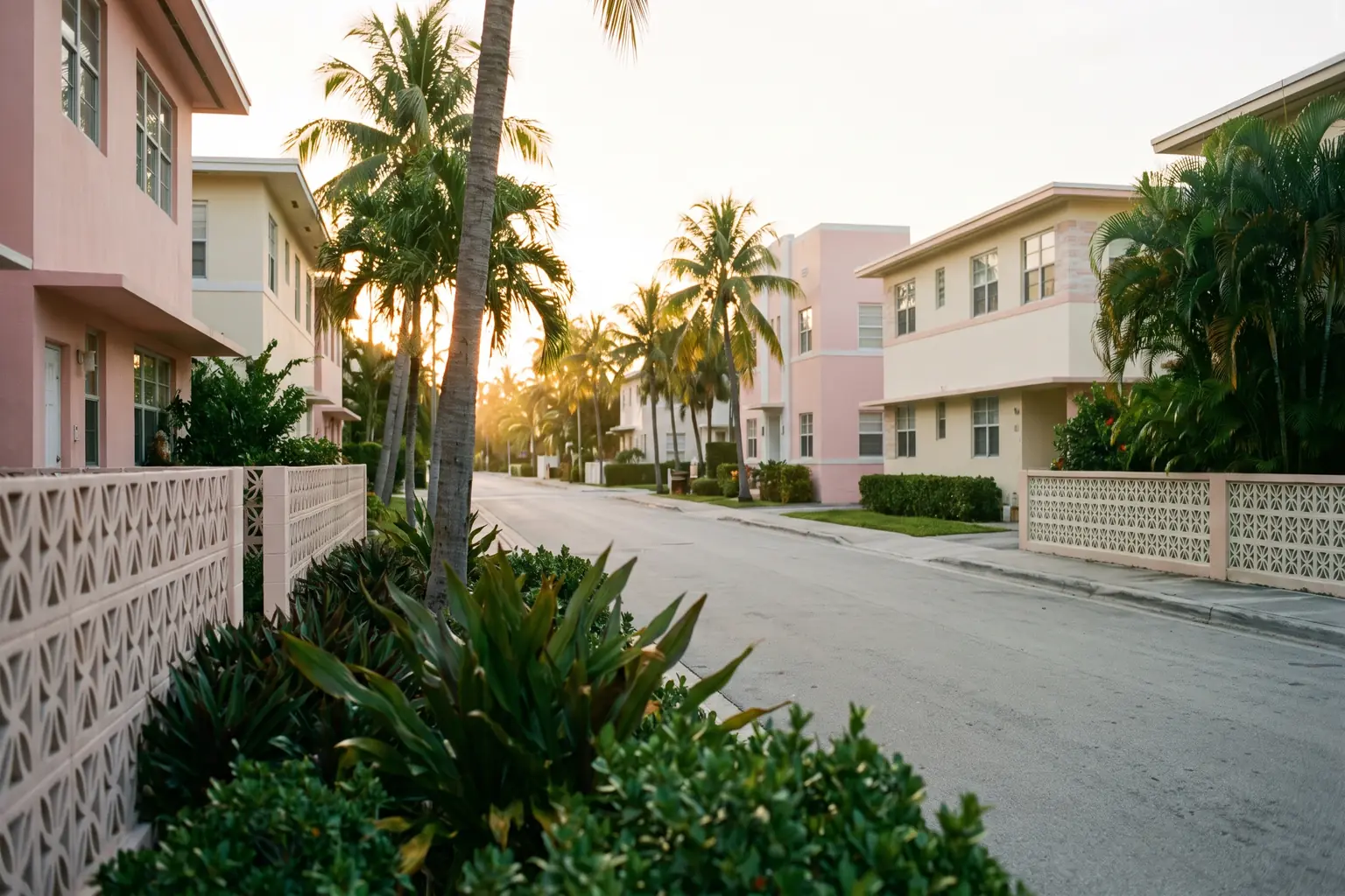 A palm-lined Miami residential street at sunrise with pastel mid-century apartment buildings