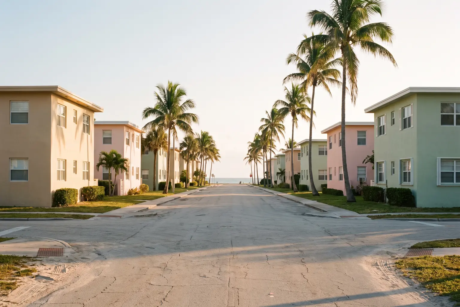 A quiet Pompano Beach residential street at sunrise with pastel low-rise apartments and tall palms