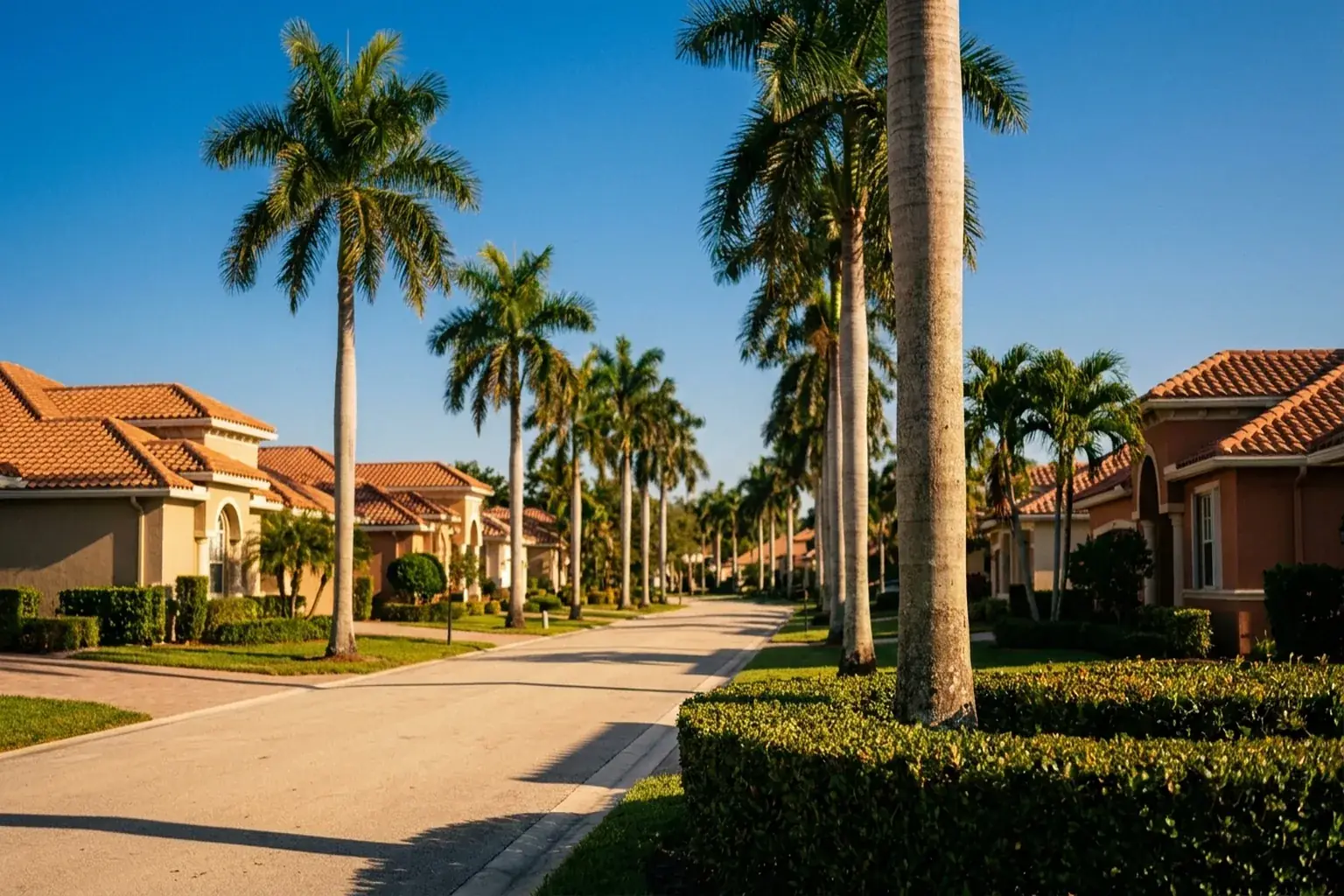 A quiet tree-lined Boca Raton boulevard at sunrise with royal palms and Spanish-tile rooflines