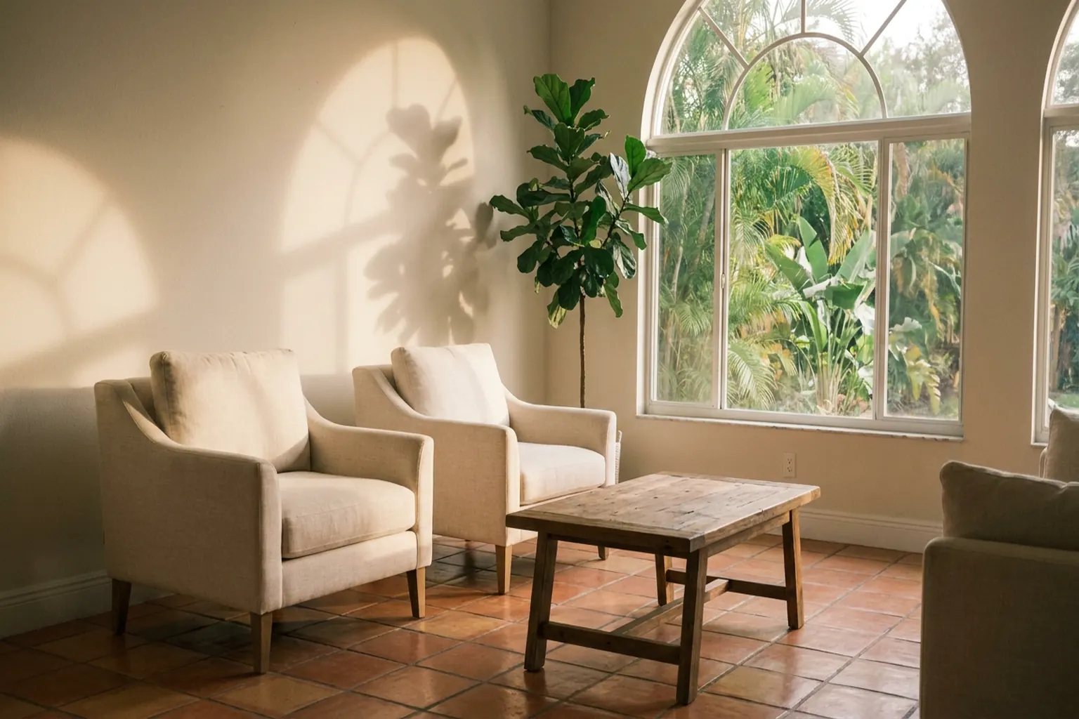 Sala de estar del sur de Florida con dos sillones de lino color crema, luz cálida de la tarde y plantas tropicales