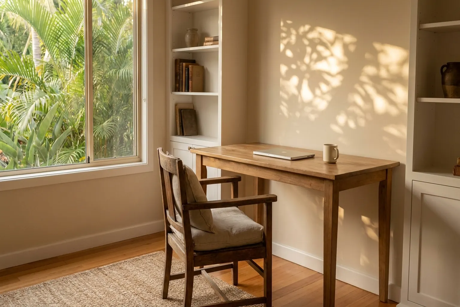 A quiet private home study in warm late-afternoon light, with a chair drawn up to a clean desk and leaf shadows on the wall